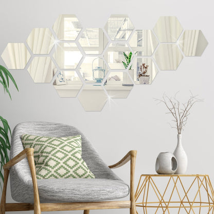 GLIMPSE | Hexagon 3D Mirror Wall Stickers -12 Set, Self-adhesive Decorative Mirrors