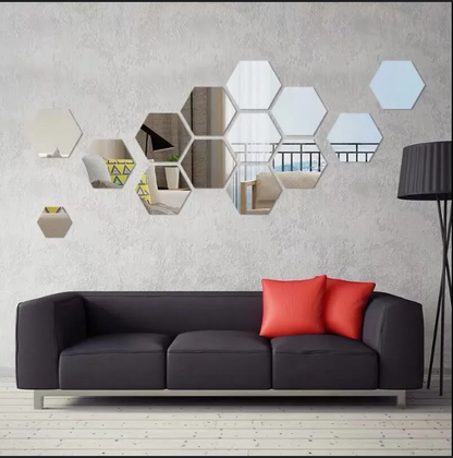 GLIMPSE | Hexagon 3D Mirror Wall Stickers -12 Set, Self-adhesive Decorative Mirrors