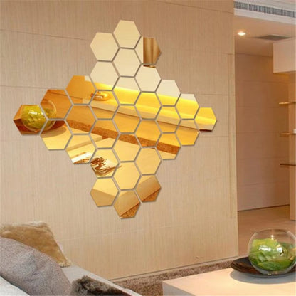 GLIMPSE | Hexagon 3D Mirror Wall Stickers -12 Set, Self-adhesive Decorative Mirrors