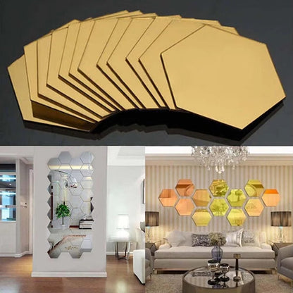 GLIMPSE | Hexagon 3D Mirror Wall Stickers -12 Set, Self-adhesive Decorative Mirrors